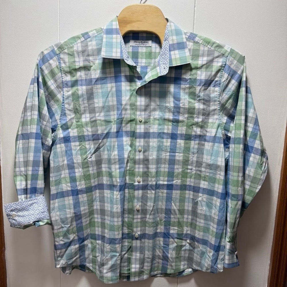 Tommy Bahama Sarasota Stretch Plaid Button Down Shirt Mens Blue Green Large